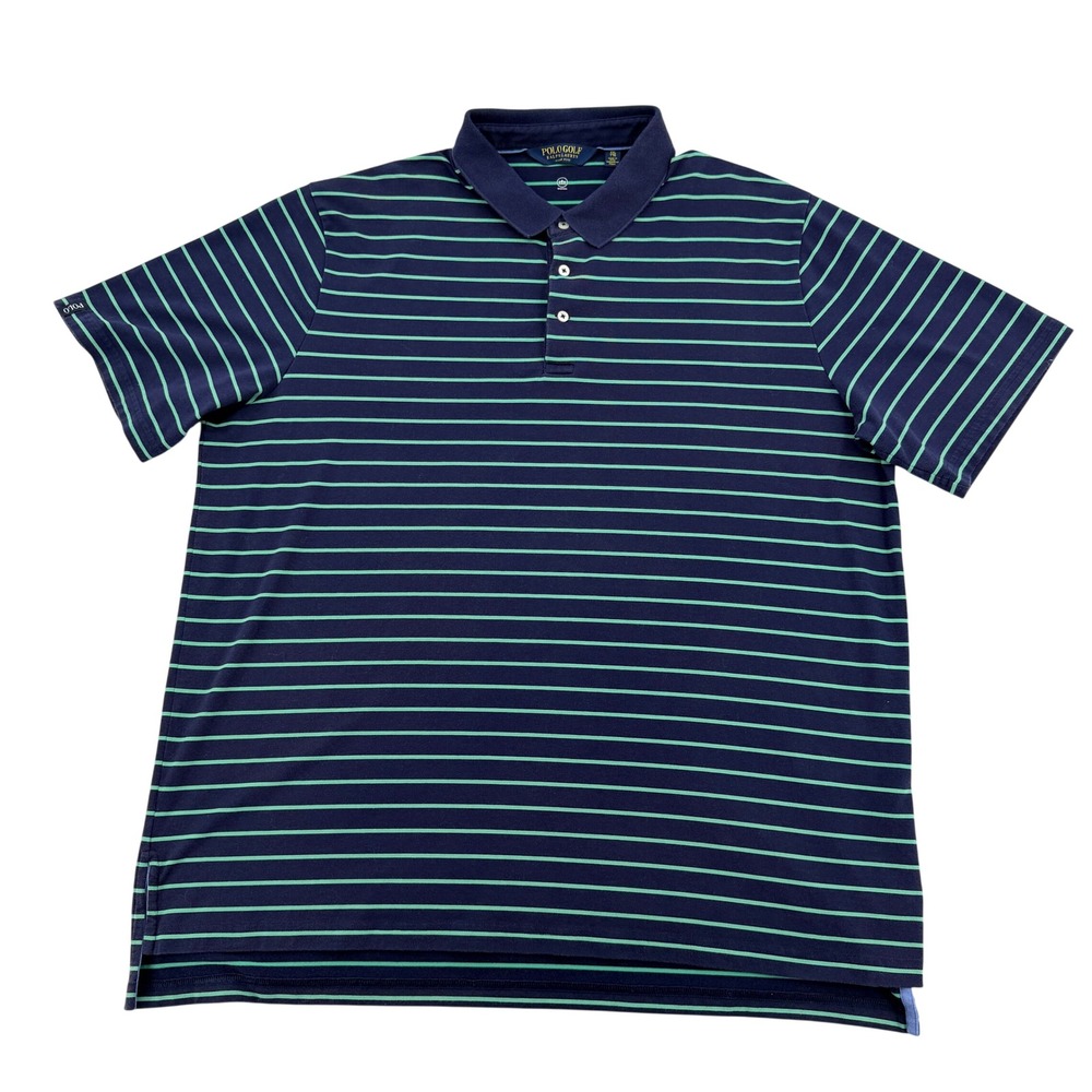 Polo Golf Ralph Lauren Mens XXL Navy Blue Green Striped Wicking Polo Shirt Golf